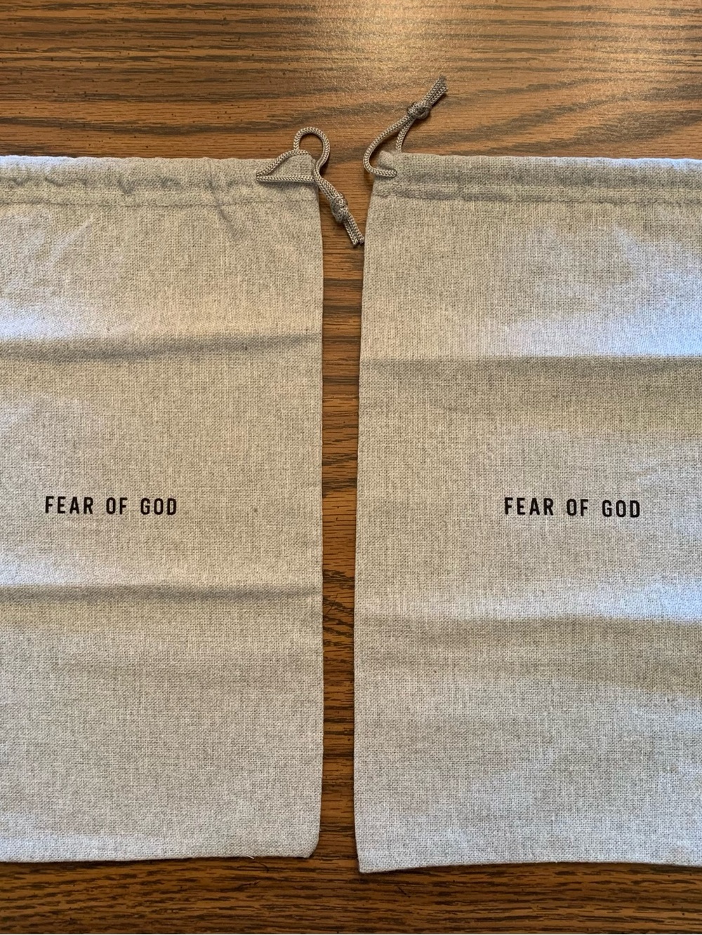 Two Fear of God Luxury Footwear Drawstring Dust Bags Set - Light Gray Logo Pouch